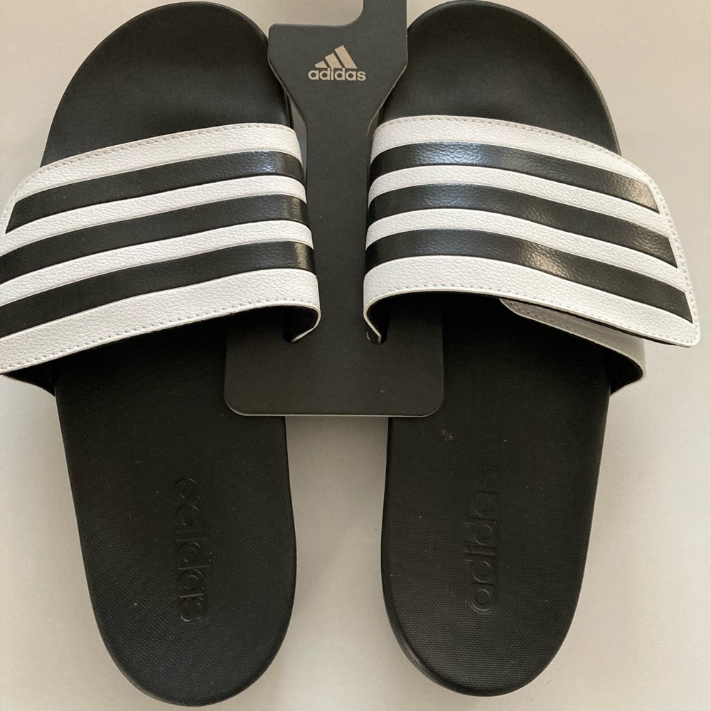 Adidas Black and White Striped Slides